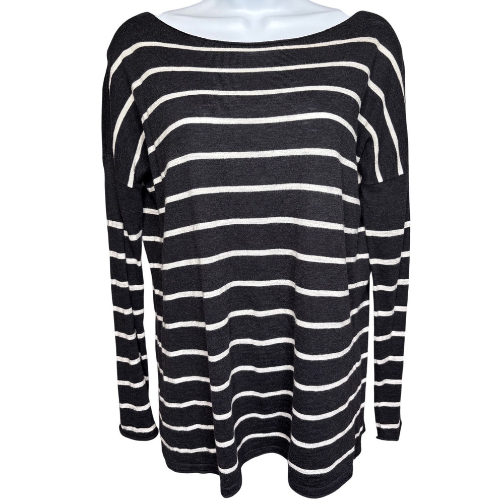 360 SWEATER Distressed Black White Striped Boat Neck Cotton Knit Top S Nautical